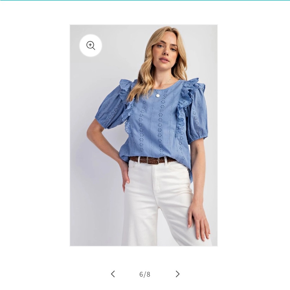Chic Blue Eyelet Blouse with Ruffled Sleeves